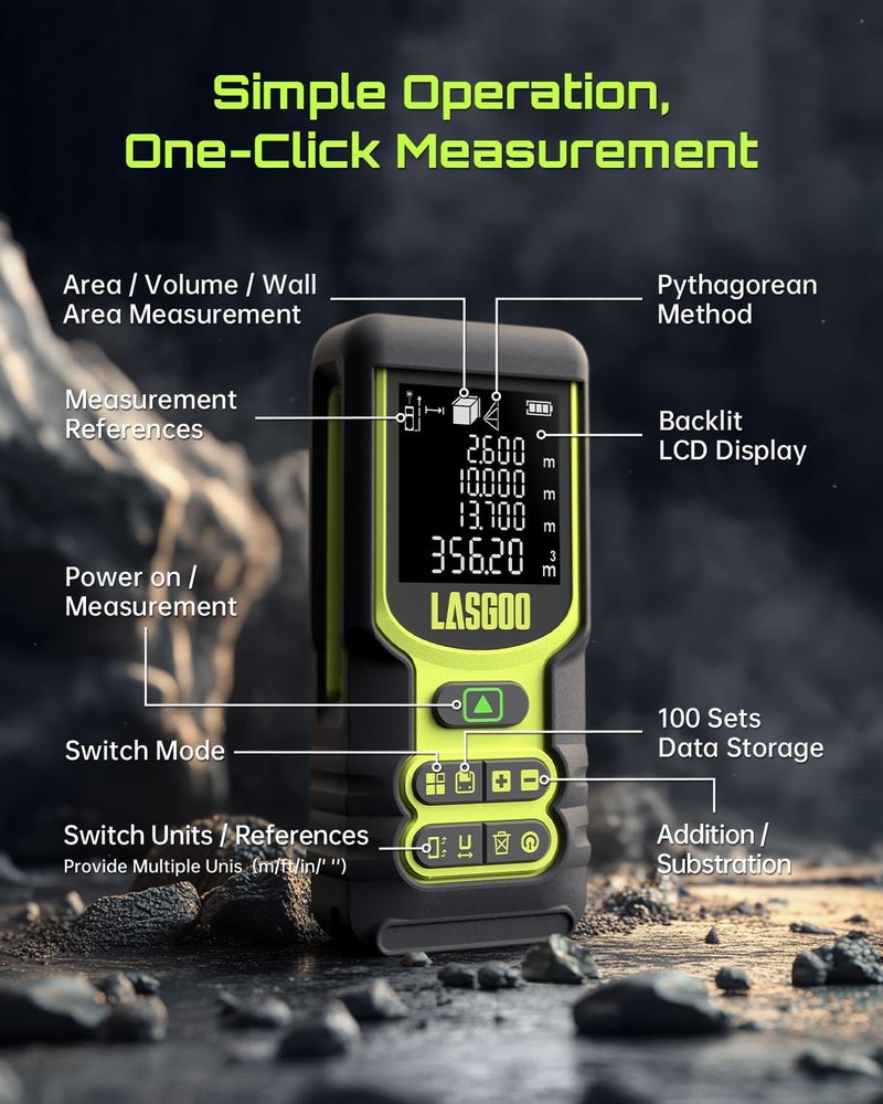 LASGOO Laser Measure, 60m/197ft Laser Measurement Tool, Laser Distance Meter with Ft/in/M Multiple Units, LCD Backlit Display, Pythagorean Mode, Area and Volume, Battery Included - Image 5